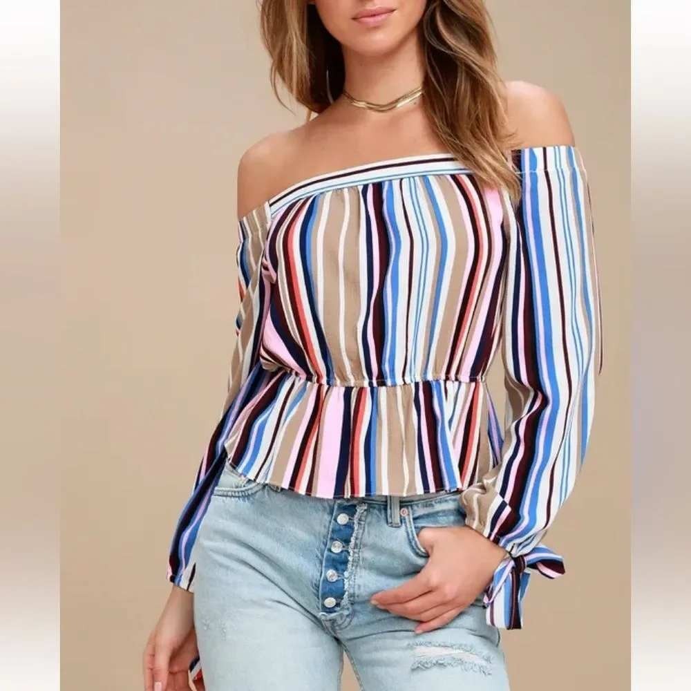 Lulus Womens S Off Shoulder Striped Peplum Blouse Balloon Sleeve Tie Cuff Top